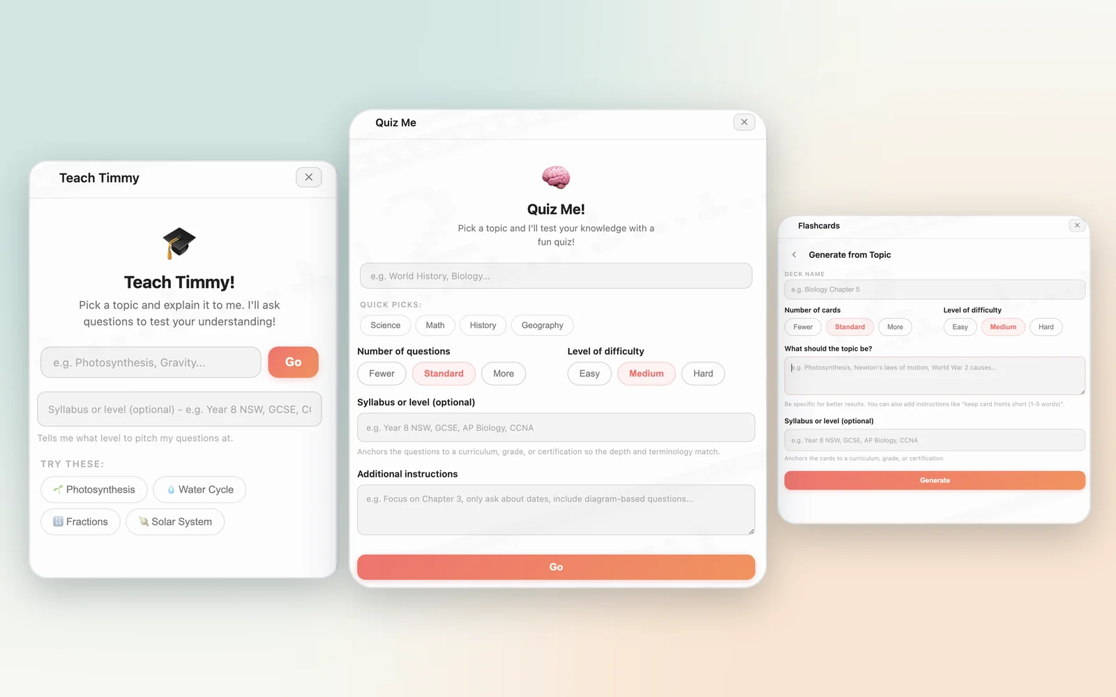Broken Timmy AI study help: Quiz Me, where the child picks a topic and difficulty for a quiz, shown between Teach Timmy and generating flashcards from a topic