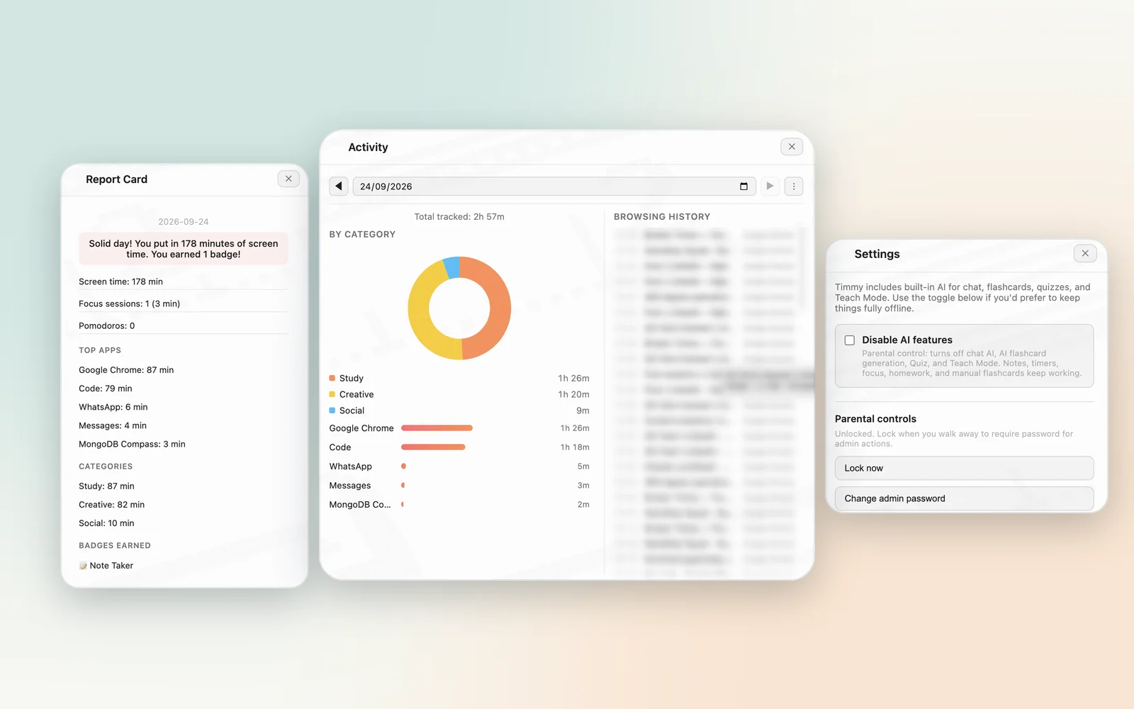 Broken Timmy parent view: a daily activity summary by category and app, shown between the child’s report card and the parental control settings