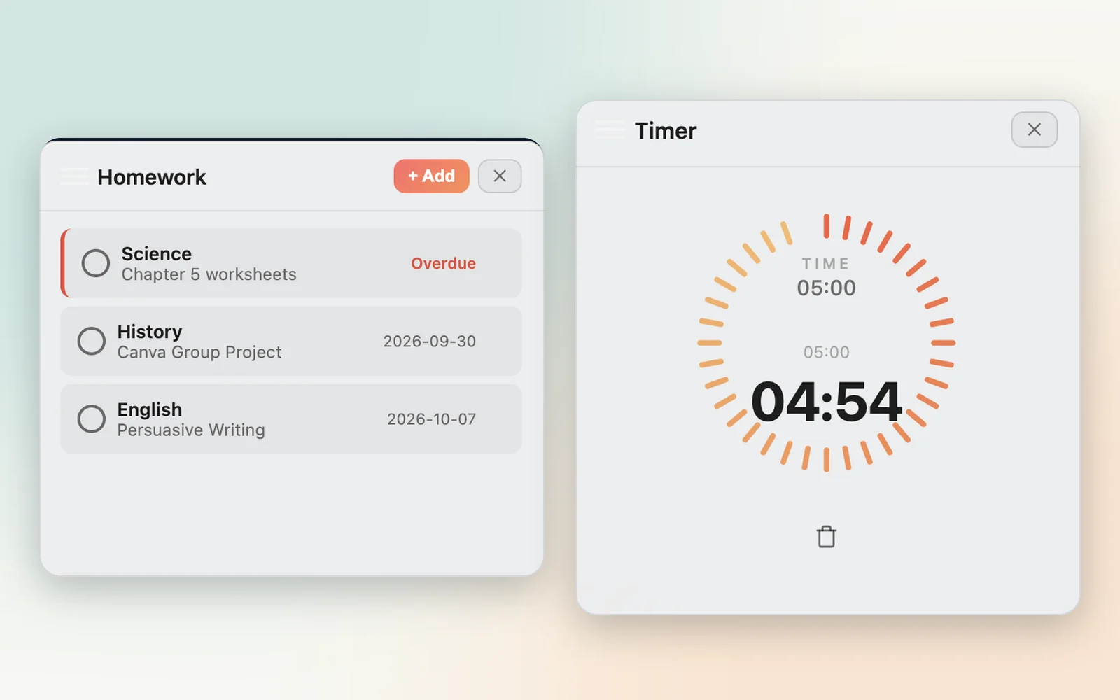 Broken Timmy study tools: a homework list with due dates and an overdue task, next to a running countdown timer
